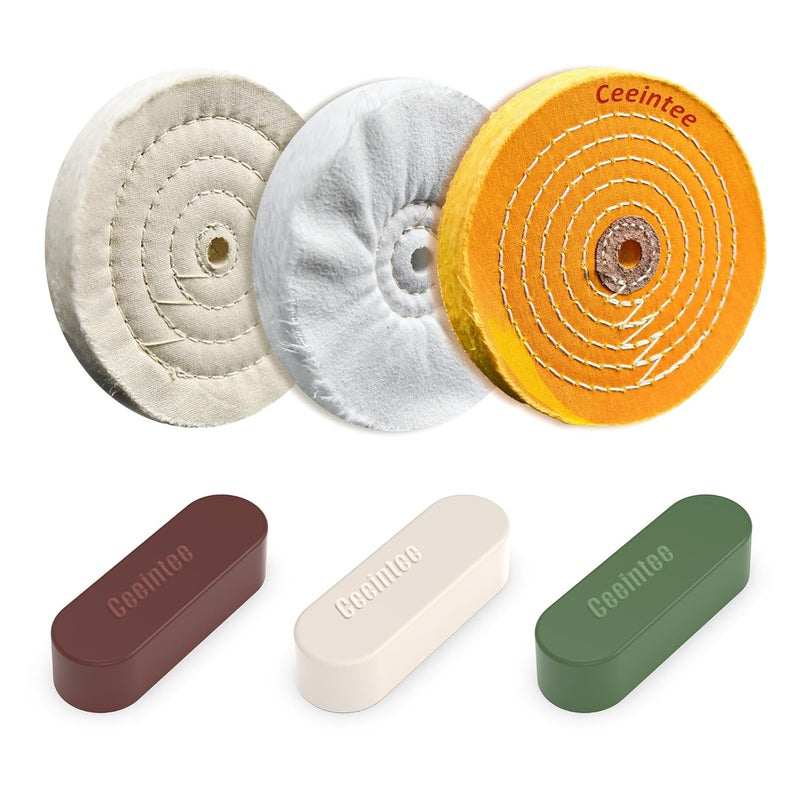Ceeintee 6 Pack 8 Inch Polishing Wheel for Bench Grinder, Include 5/8" Arbor Hole 1 Yellow Cotton(42Ply), 1 White Cotton Polish Wheels(50Ply), 1 Soft Flannel Buffing Wheel(30Ply)& 3 Polishing Compound - Image 1